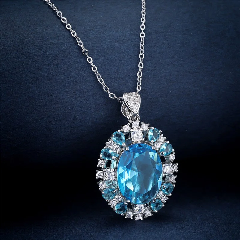 Trendy Female Crystal Oval Pendant Necklace Charm Silver Color Chain Necklaces For Women Cute Light Blue Zircon Wedding Necklace