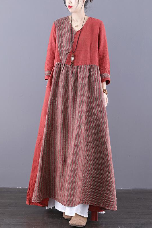 Women's Retro Striped Cotton Linen Dress