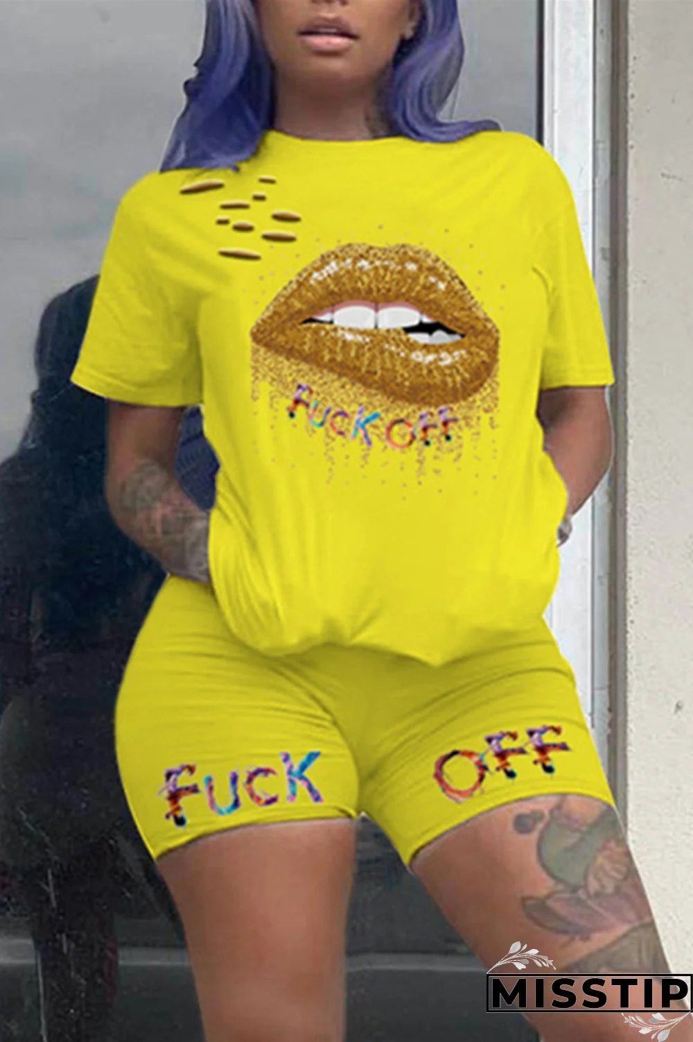 Yellow Fashion Casual Lips Printed T-shirt Set