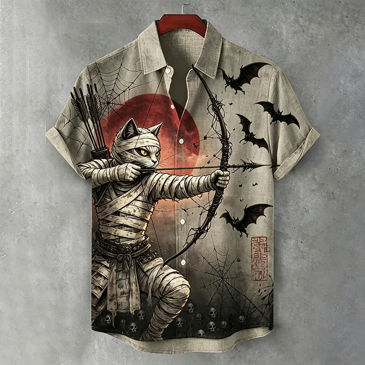 Men's Halloween Mummy Cat Samurai Japanese Archery Art Short Sleeve Shirt