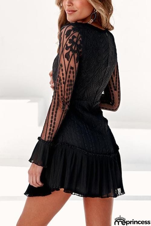 Lace Pleated Long Sleeve Ruffle Dress