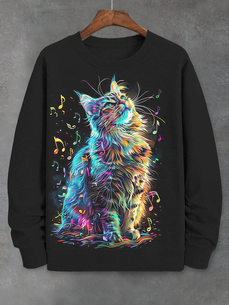 Men's Fantasy Colorful Cat Music Notes Print Casual Long Sleeve Sweatshirt