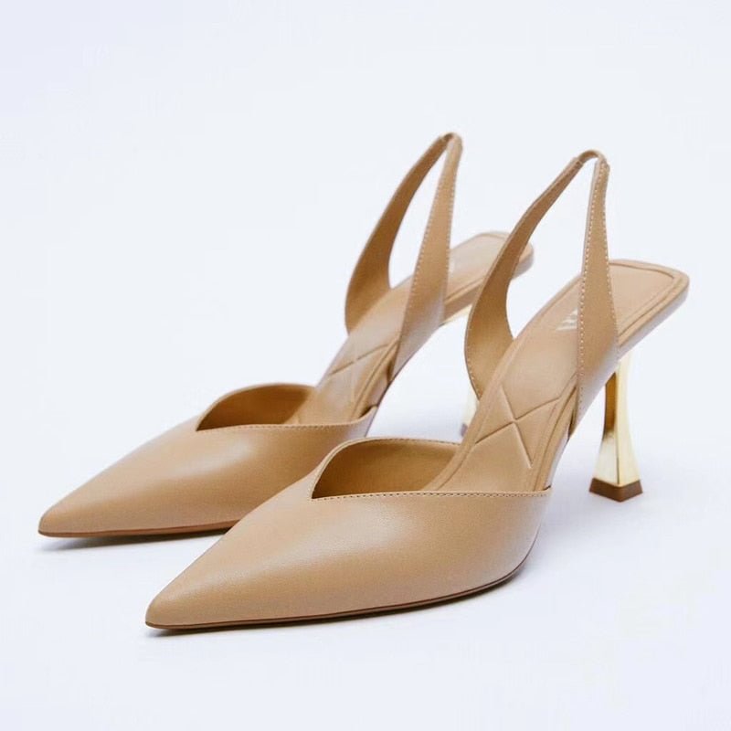 SUOJIALUN Brand Shallow Slip On Women Sandal Shoes Thin High Heel Pointed Toe Ladiess Elegant Dress Party Shoes Zapatillas Mujer