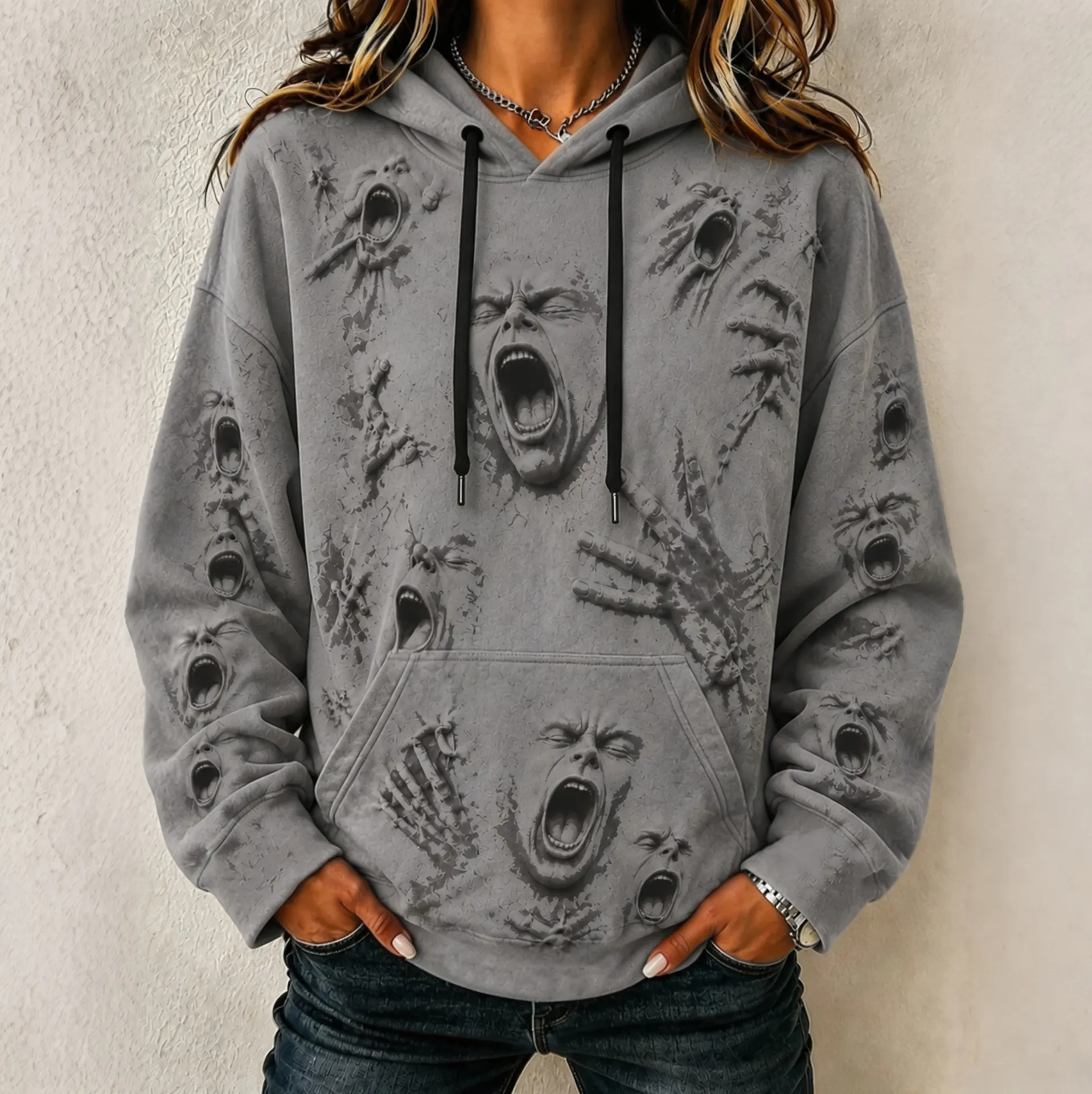 Comstylish Women's Vintage Horror Face Print Comfy Long Sleeve Hoodie