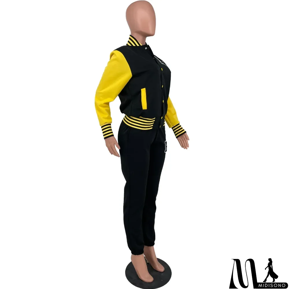 MidiSono - Women Letter Baseball Jacket and Pant Two-Piece Set