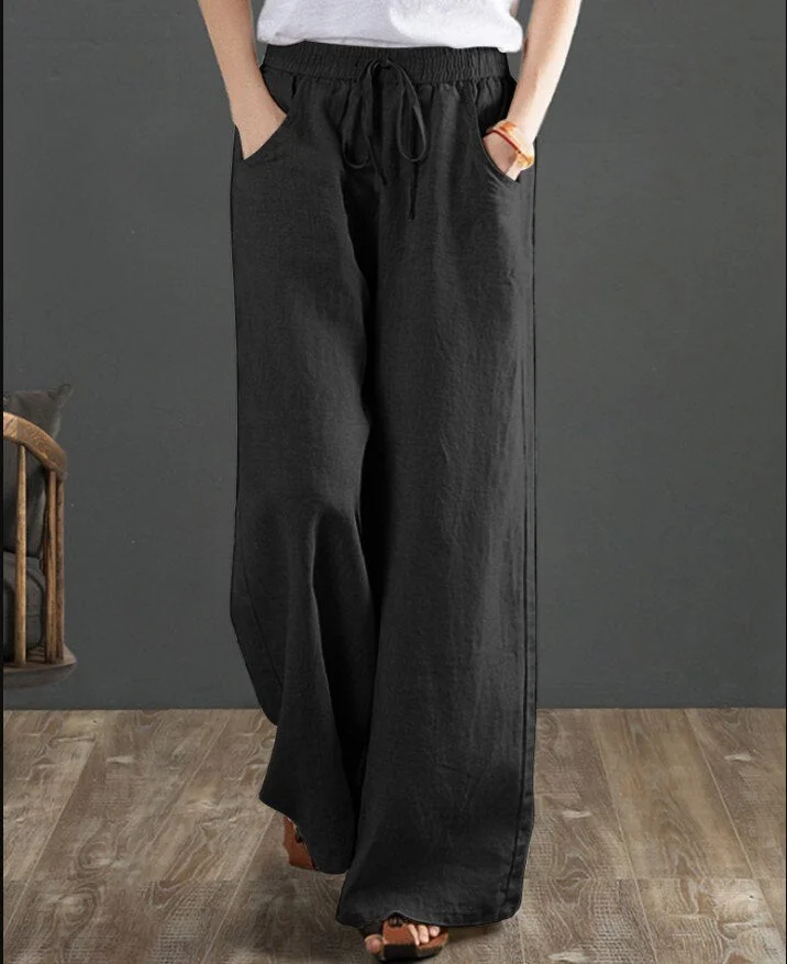 Abebey Vintage Cotton Linen Women Pants Summer  Elastic Waist Solid Wide Leg Loose Female Pants Top Quality Pants Length