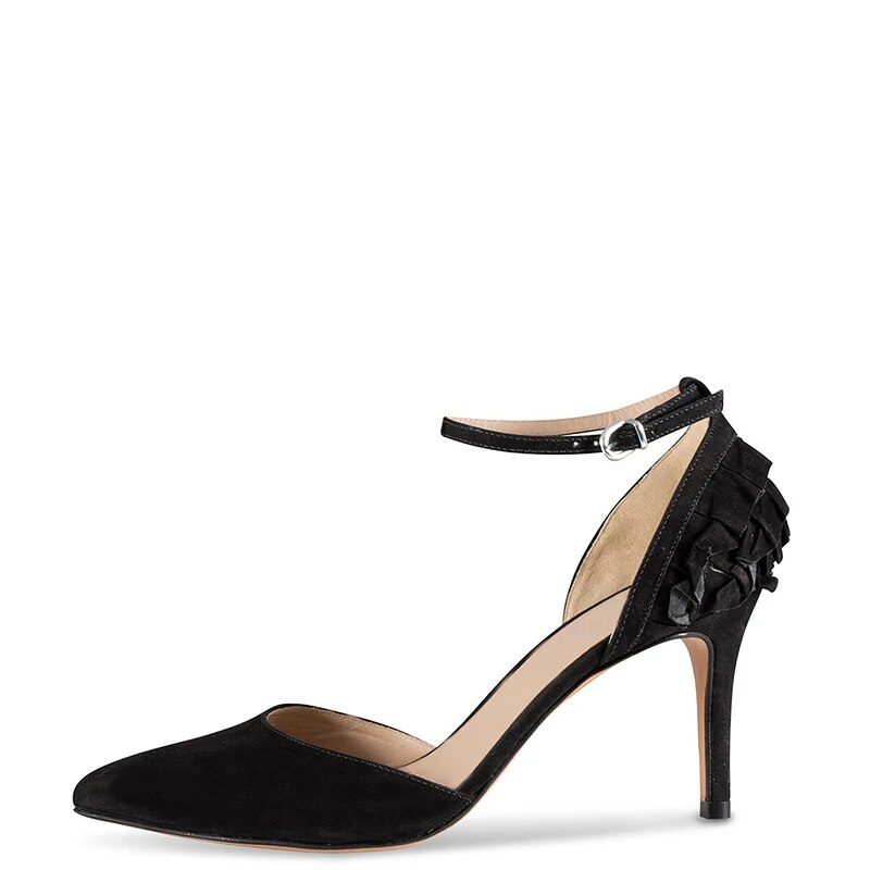 TAAFO Black Pleated Stilettos D'Orsay Women Thin High Heels Pointed Toe Pumps Ladies Party Shoes 