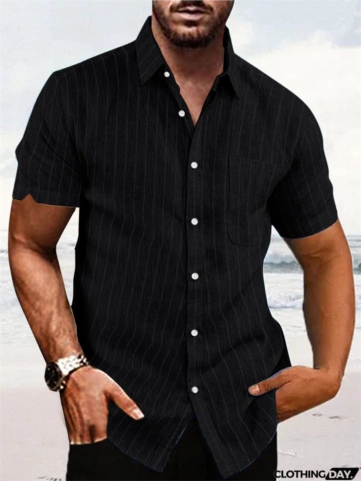 Summer Vertical Stripe Short Sleeve Button Down Linen Shirt for Men