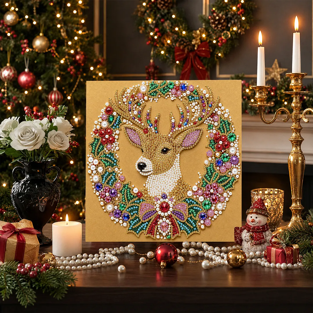Christmas Reindeer Wreath Framed Pearl Painting Kit 25x25cm for Adults