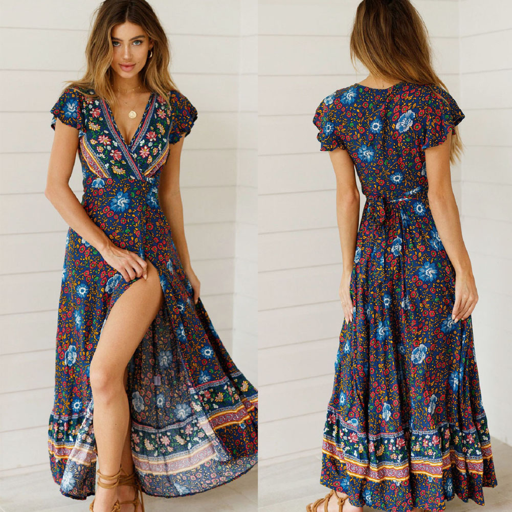 Bohemian V Neck Slim Fit Sexy Beach Party Printed Maxi Dress