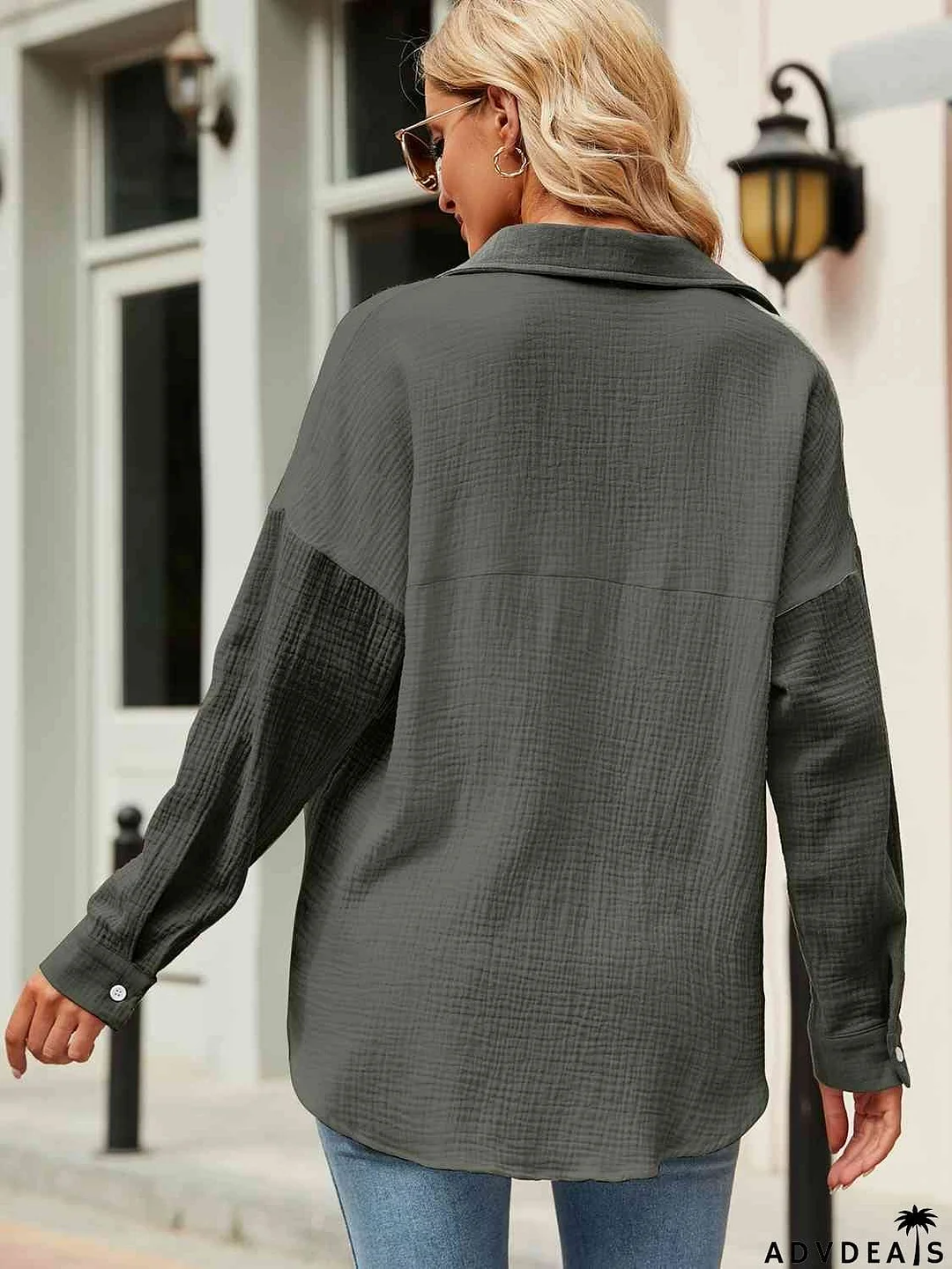 Button Up Collared Neck Drop Shoulder Shirt