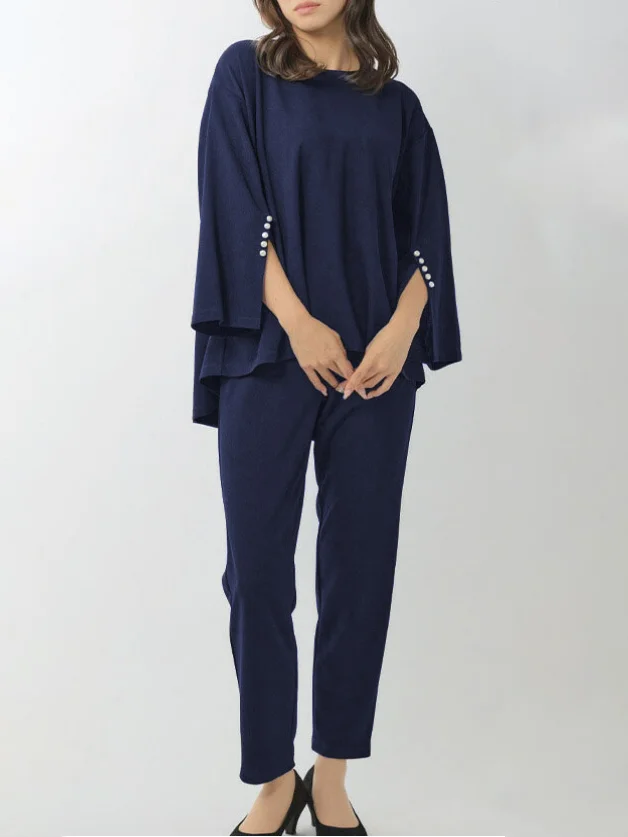 High-Low Batwing Sleeves Beaded Round-Neck Shirts Top + Elasticity Pleated Pants Bottom Two Pieces Set