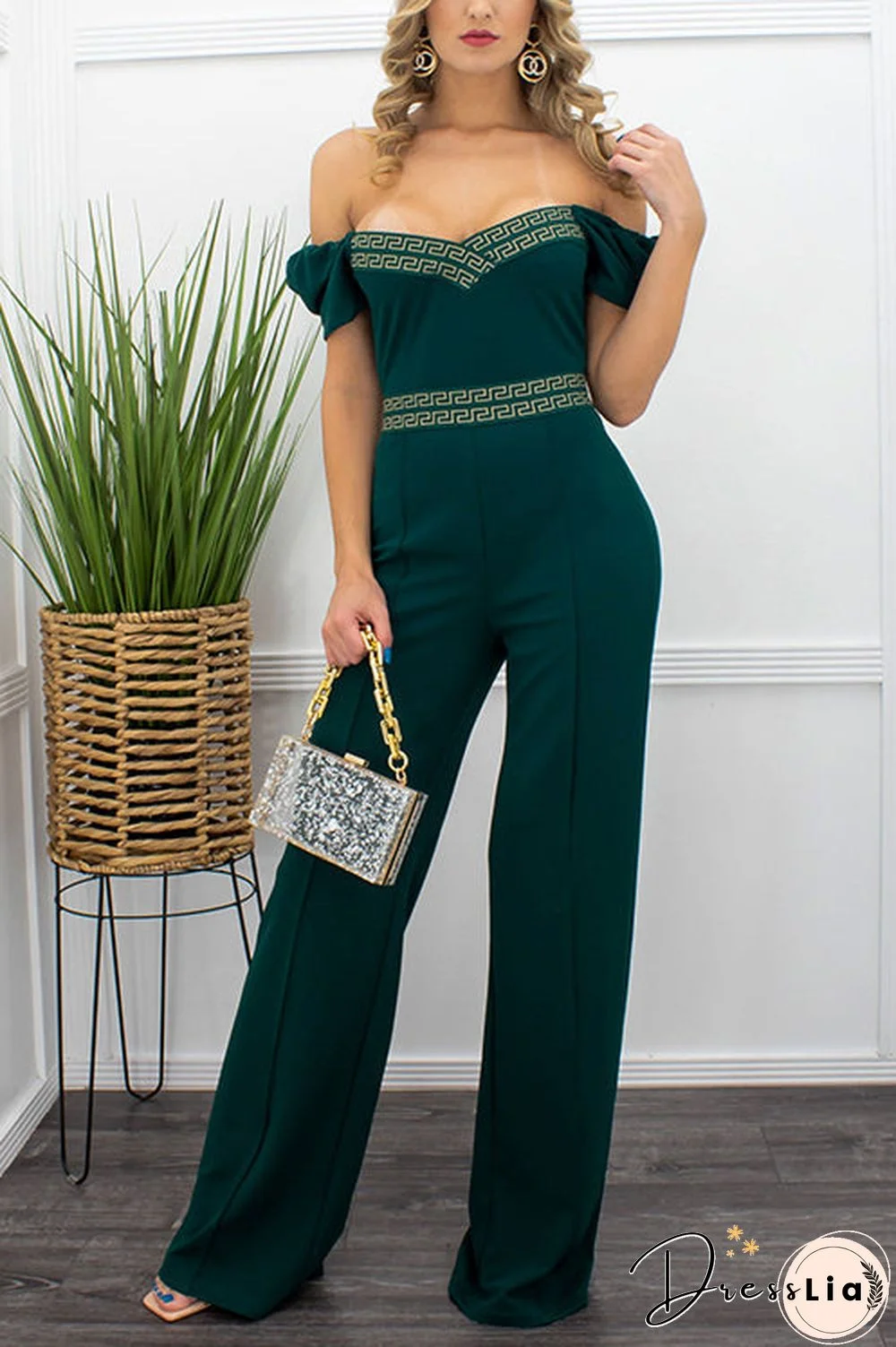 Puff Sleeve Off The Shoulder Solid Jumpsuit