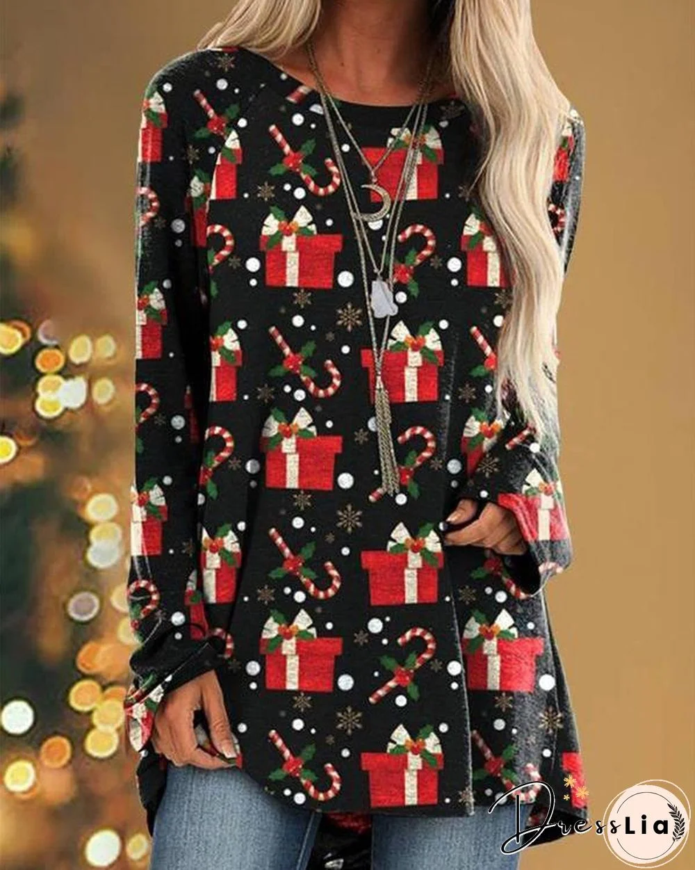 Cute Christmas Tree T-shirt Cartoon Print Crew Neck Top