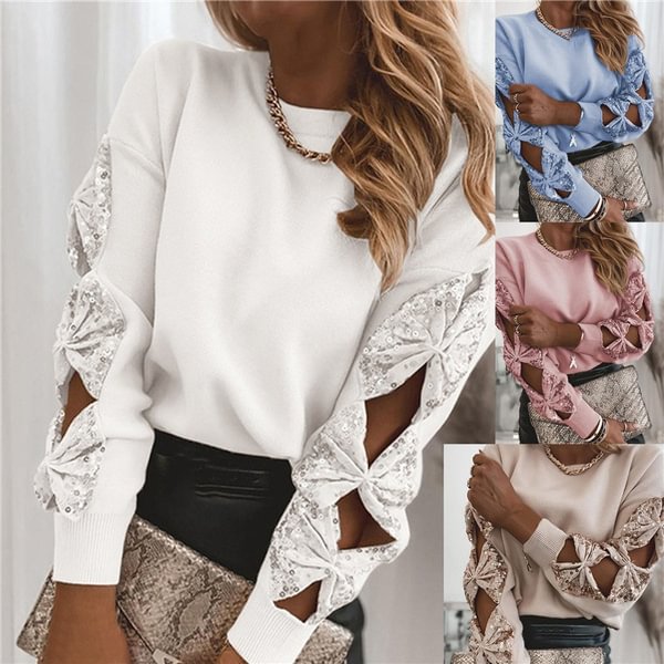 Sequined Bow Top Cutout Elegant Women Sequin Hollow Out Bow Long Sleeve Pullover Tops Casual Solid O-Neck Spring - Chicaggo