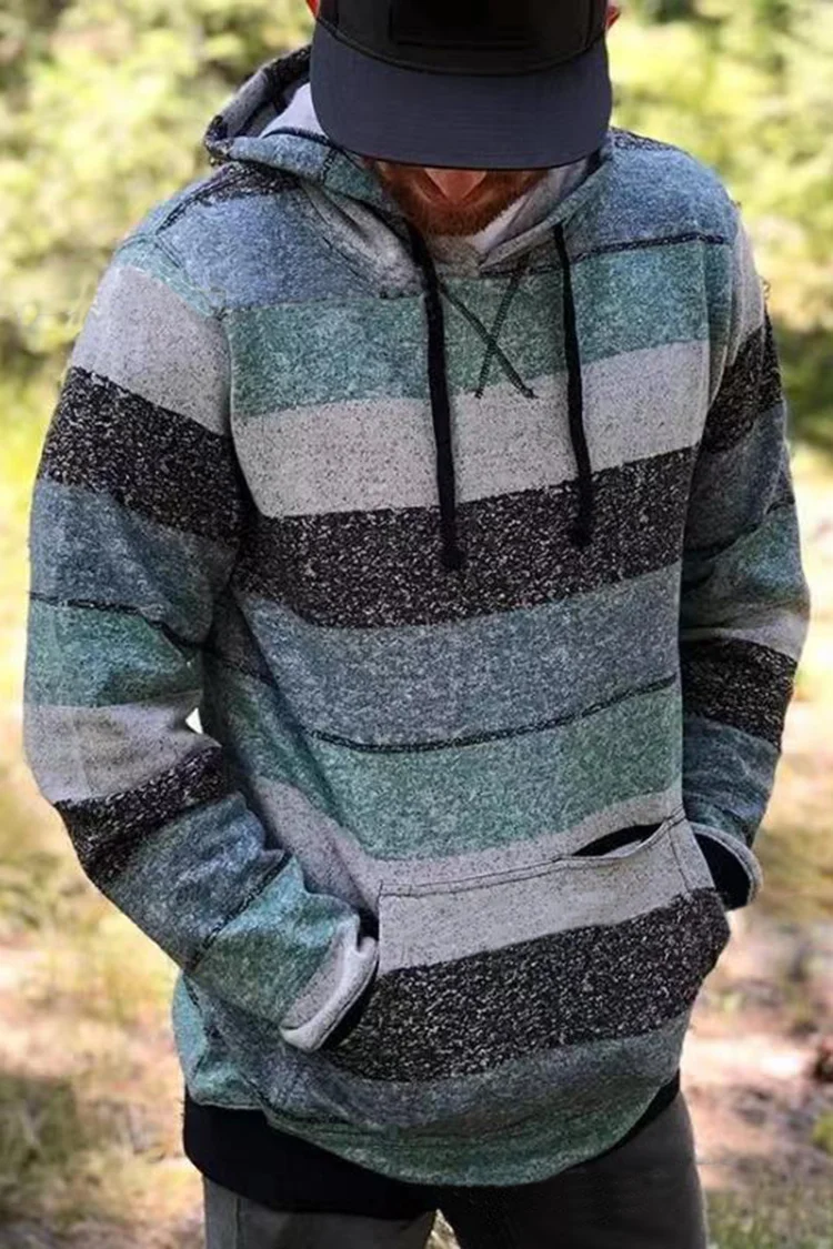 Casual Green Grey Striped Hoodie