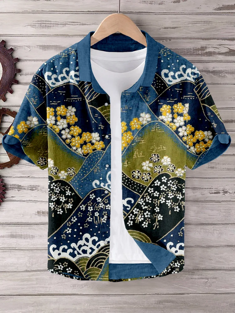 Traditional Japanese Pattern Linen Blend Cozy Shirt