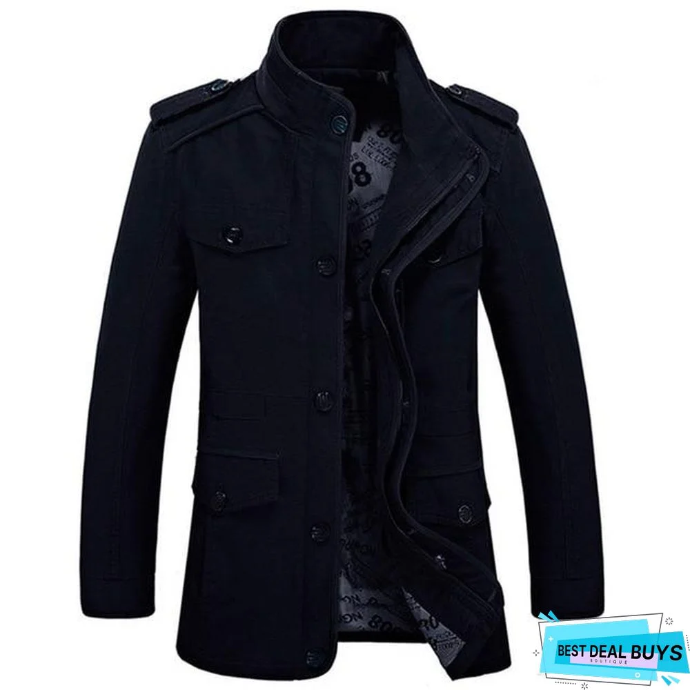 Mens Fashion Brand Casual Jacket Stand Collar Fat Slim Washed Cotton Long Jacket Coat Outwear