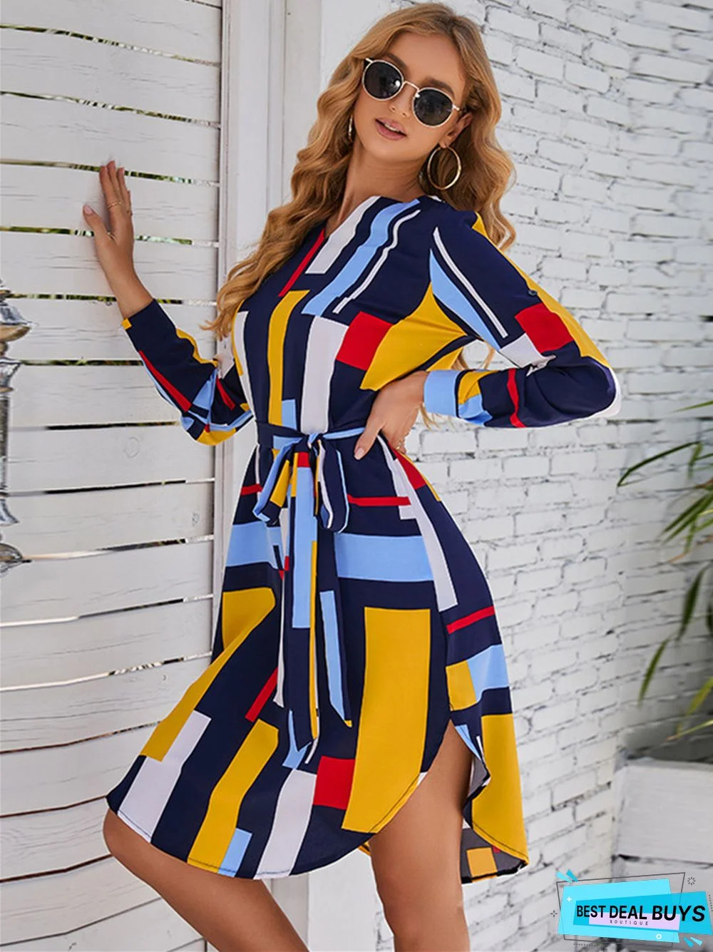 Classic Neckline Color Block Lace-Up Design Dress