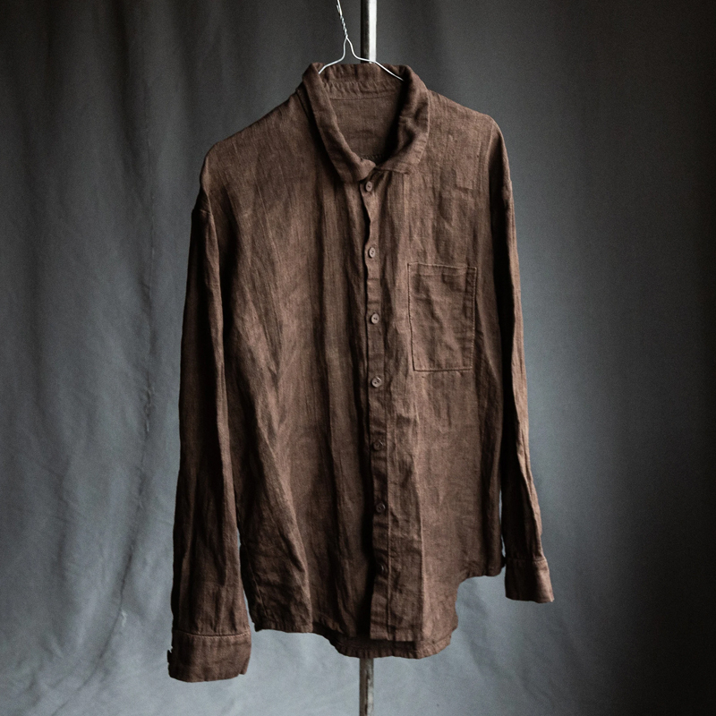 Men's Brown Washed Linen Long Sleeve Shirt