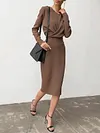 Urban Round-Neck Long Sleeve Solid Color Simple Midi Dress