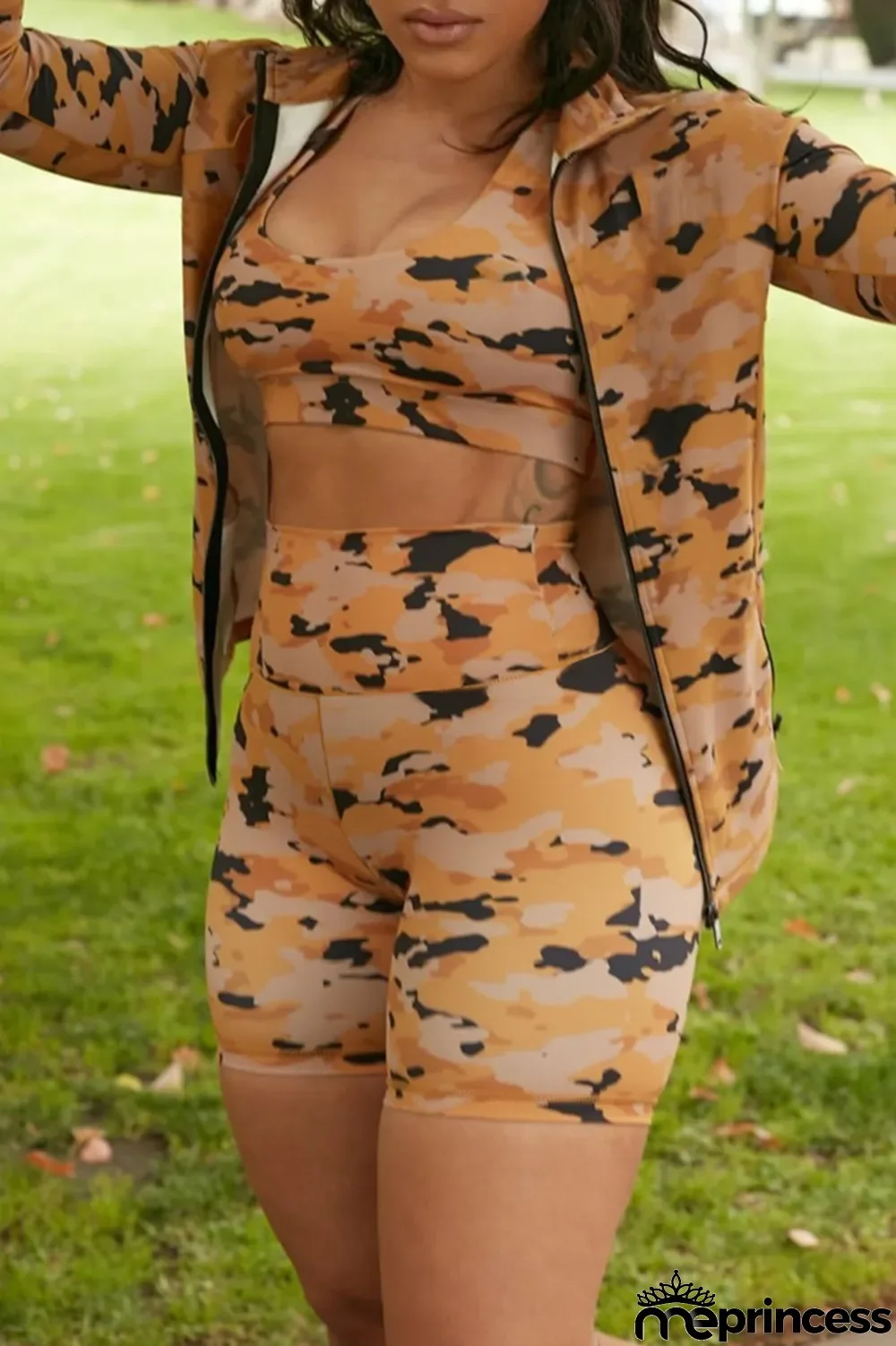 Yellow Fashion Casual Print Basic U Neck Long Sleeve Three-piece Set