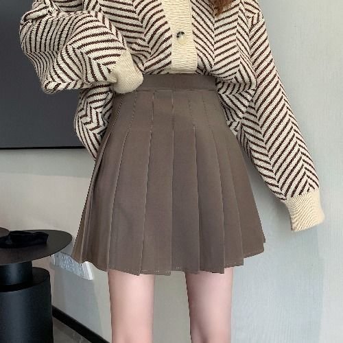 HOUZHOU Pleated Mini Skirt Women Cute Korean Fashion Solid Slim High Waist A-line Short Skirt School Girls Casual Preppy Style