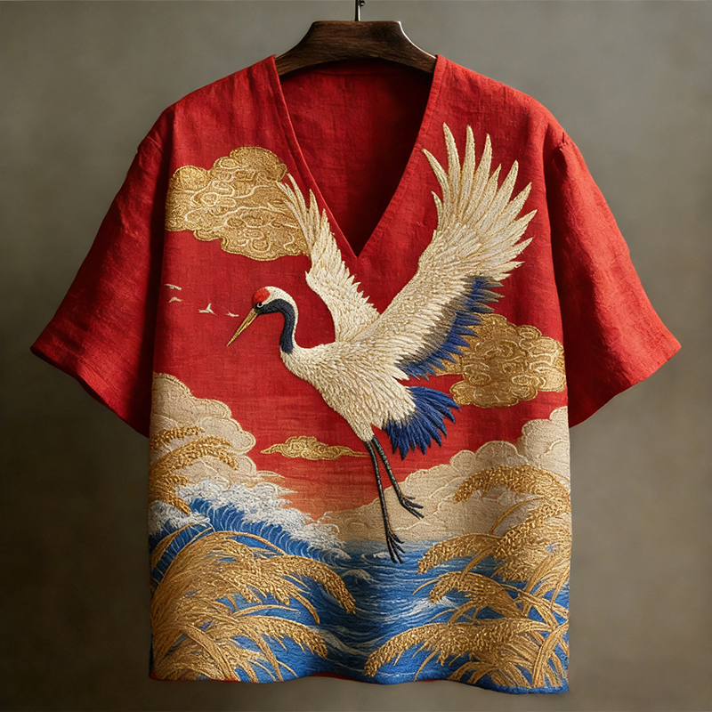 Men's Japanese Crane Pattern Linen Short-sleeve V-neck Shirt  artssus