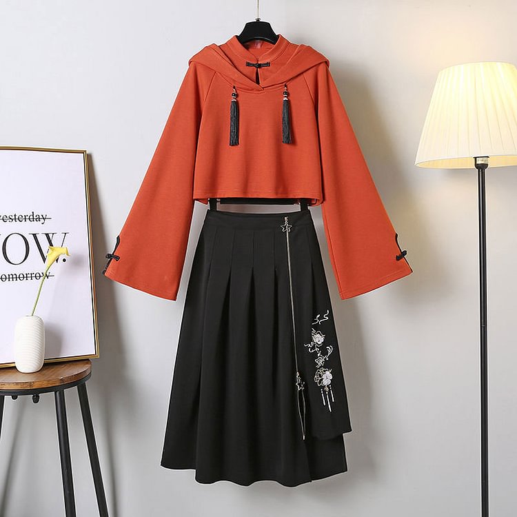 Tassel Hoodie Vintage Sweatshirt Skirt Set - Modakawa