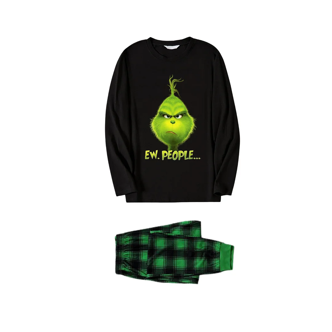 Christmas Cartoon Face and Text Print Black Long Sleeve Top with Green and Black Plaid Family Matching Pajamas