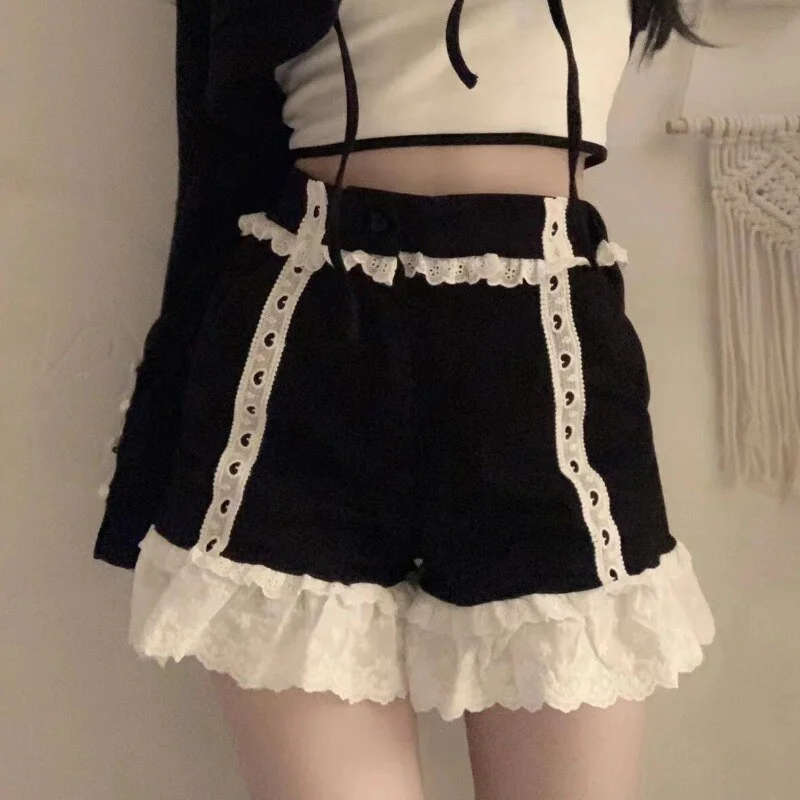 3 Piece Sets Womens Outfits Summer 2022 White Crop Top Black Cardigan Shorts Lace Trim Cute Short Sets Kawaii Clothes for Girls