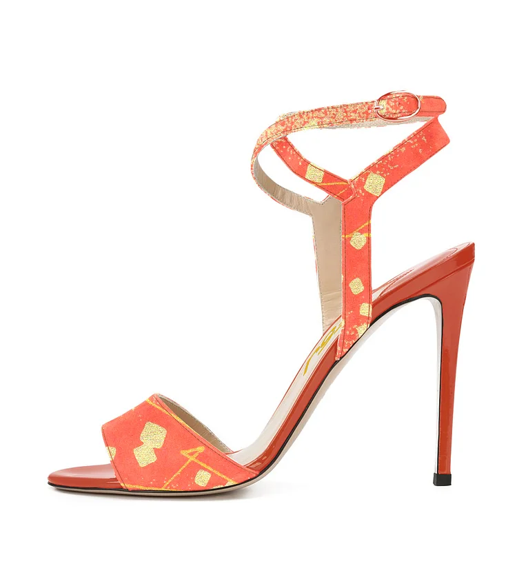 Orange Stiletto Heels Ankle Strap Open Toe Sandals for Female |FSJ Shoes