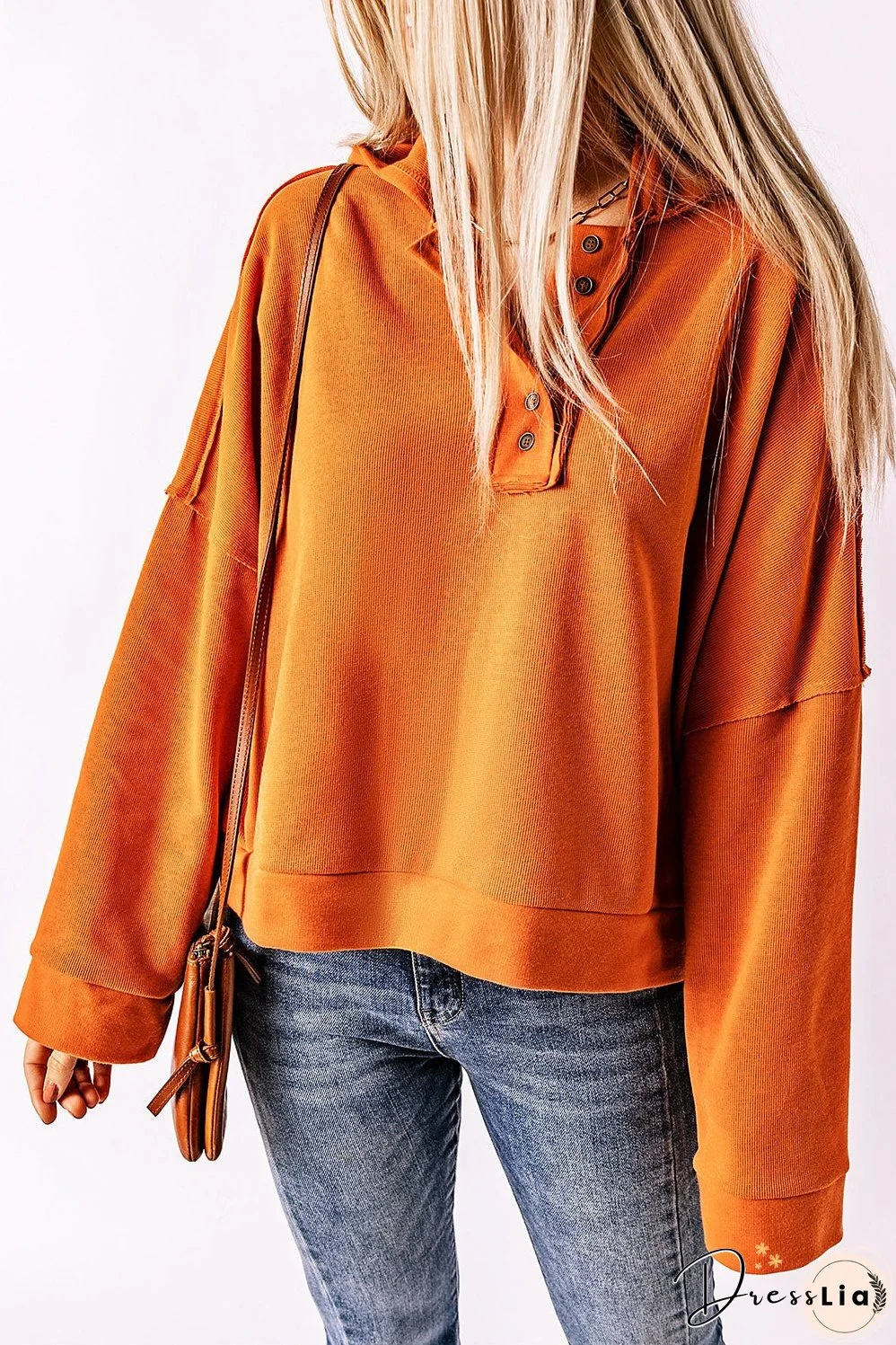 Casual Button Solid Patchwork Trim Hoodie