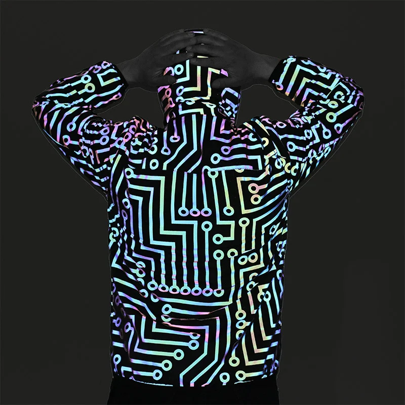 Woherb Circuit Grain Jacket Geometric Pattern Rainbow Color Reflective Jacket Hip Hop Mechanical Dance Dazzle Color Reflective Jacket-Outfit Ideas