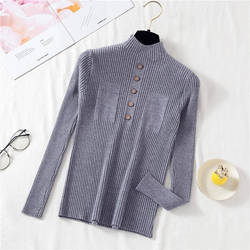 Zoki Pullover Women Sweater Autumn Knitted Button Long Sleeve Half Turtleneck Female Jumper Elastic Korean Fashion Blouse Top