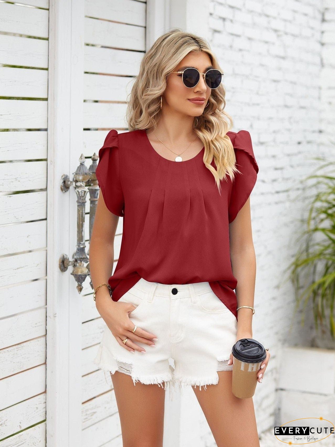 Loose-Fitting Short Sleeve Mock Neck Top