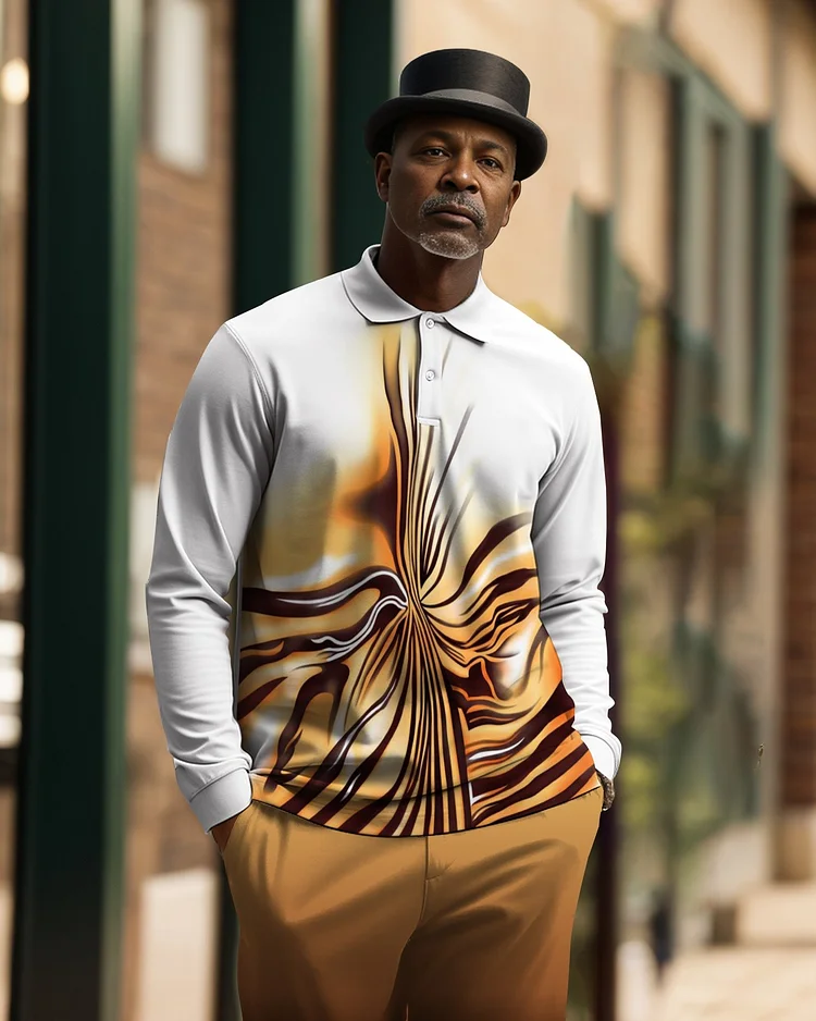Men's Geometric Plaid Casual Colorblock POLO Shirt Trousers Set 007