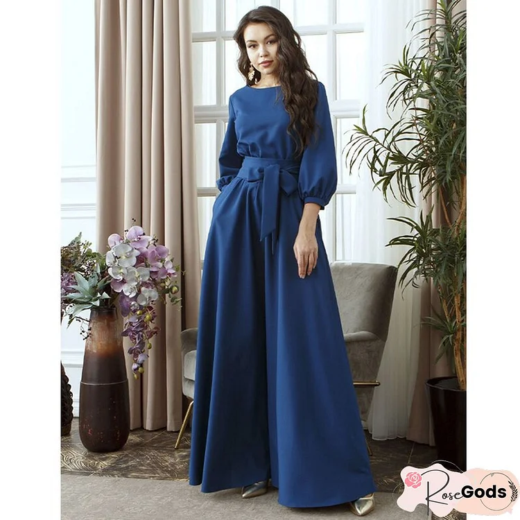 Casual O-Neck Belt A-Line Long Dress Autumn Lantern Sleeve High Waist Elegant Party Floor-Length Dresses For Women