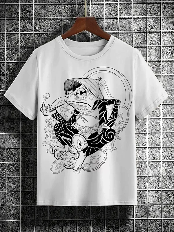 Men's Gold Coin Smoking Frog Japanese Art Print Casual Short Sleeve T-Shirt