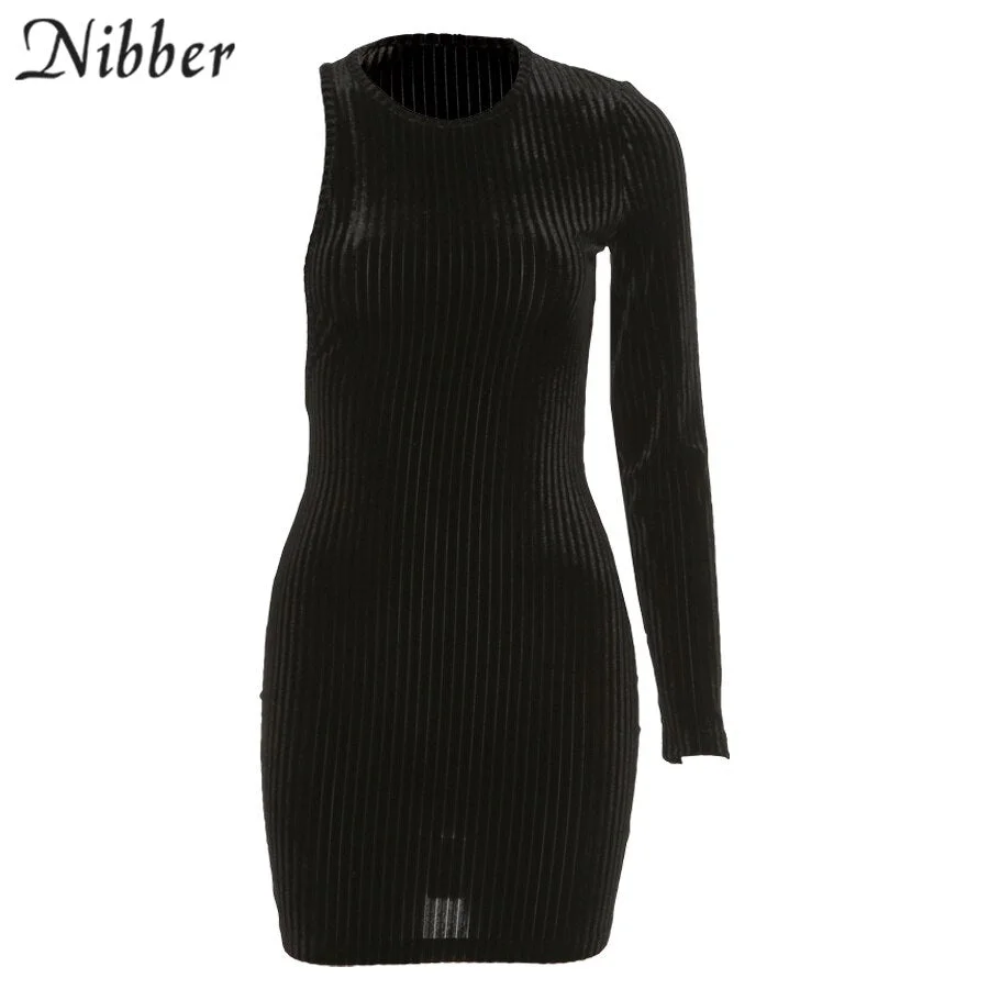 Nibber Vintage Ribbed Solid Knitting Mini Dresses For Women Sexy Hipster One Shoulder Shaped Waist Clubwear Wrap Dress Hot Deals