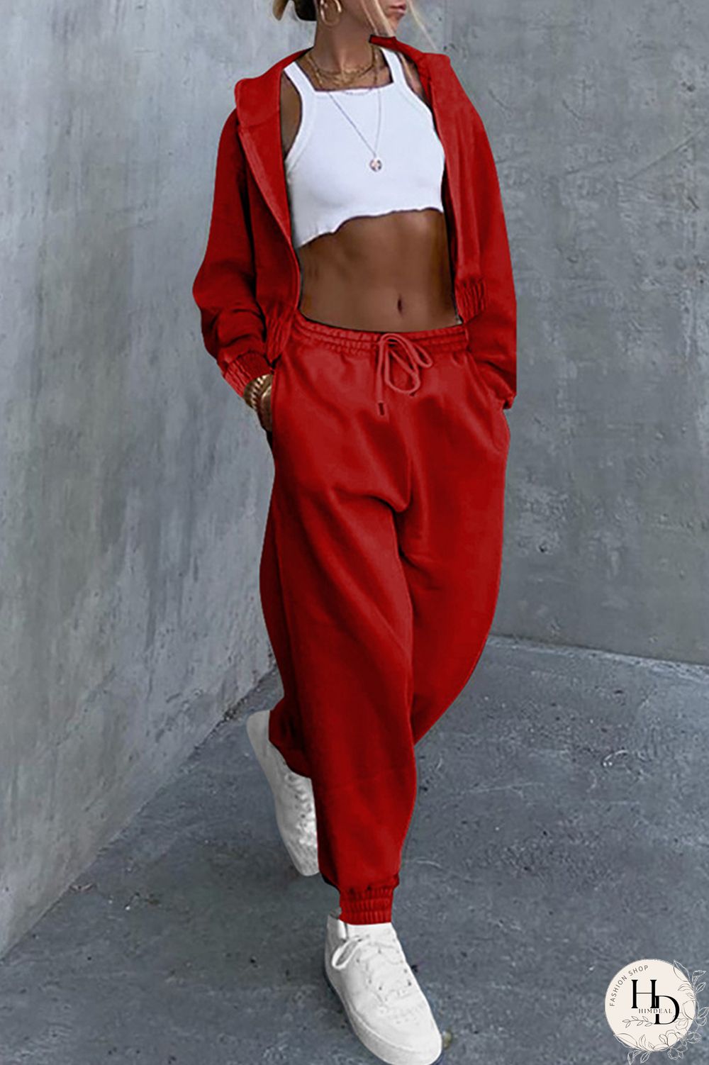Red Fashion Casual Solid Cardigan Pants Hooded Collar Long Sleeve Two Pieces