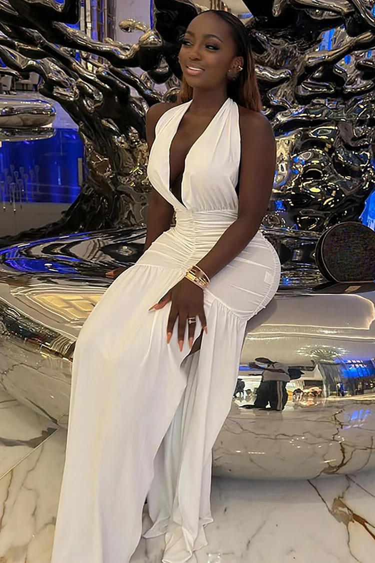 Deep V Neck Ruched Semi-Fitted Solid Color Halter Maxi Dresses-White