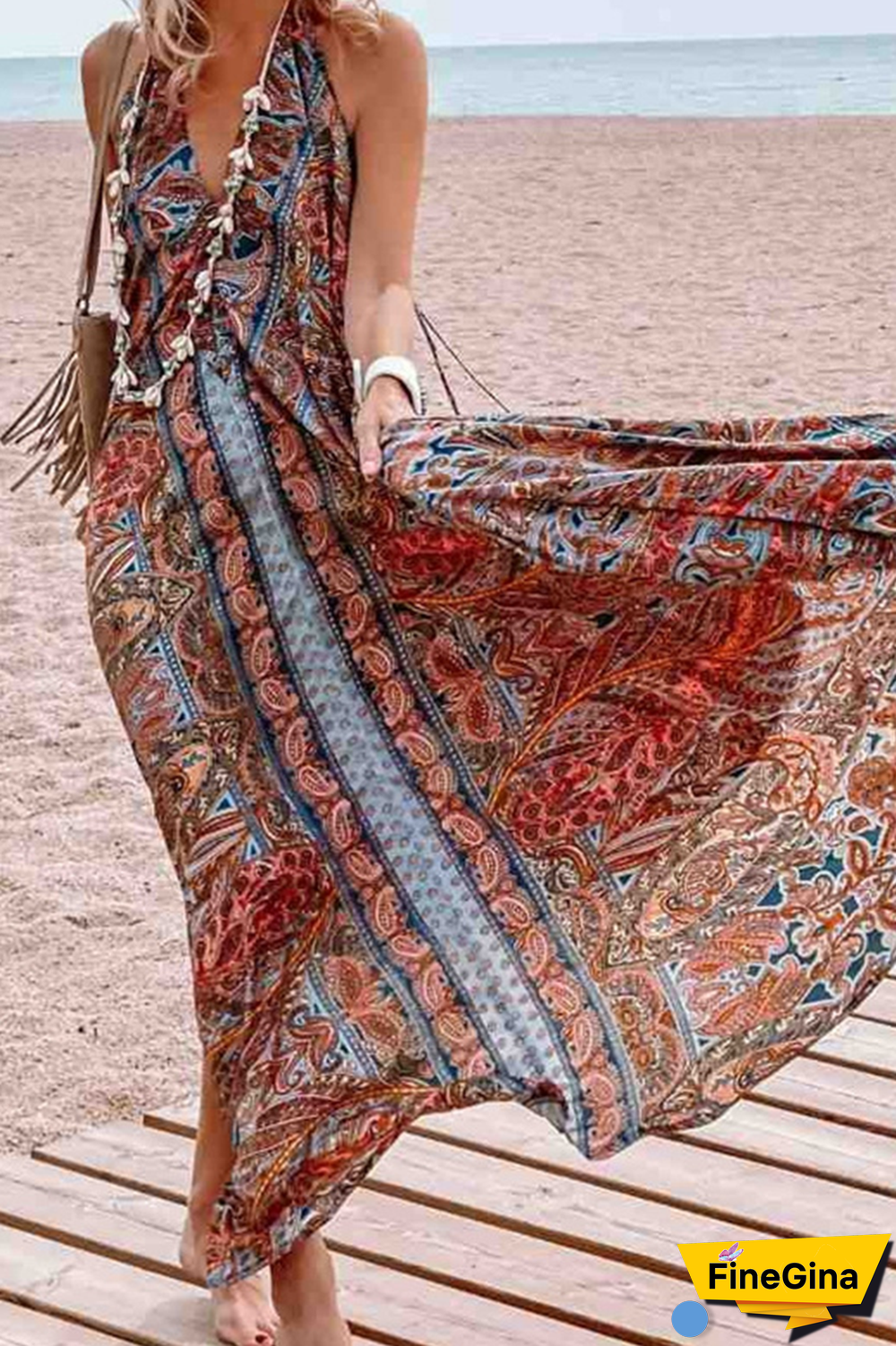 Casual Print Mesh V Neck Straight Dresses