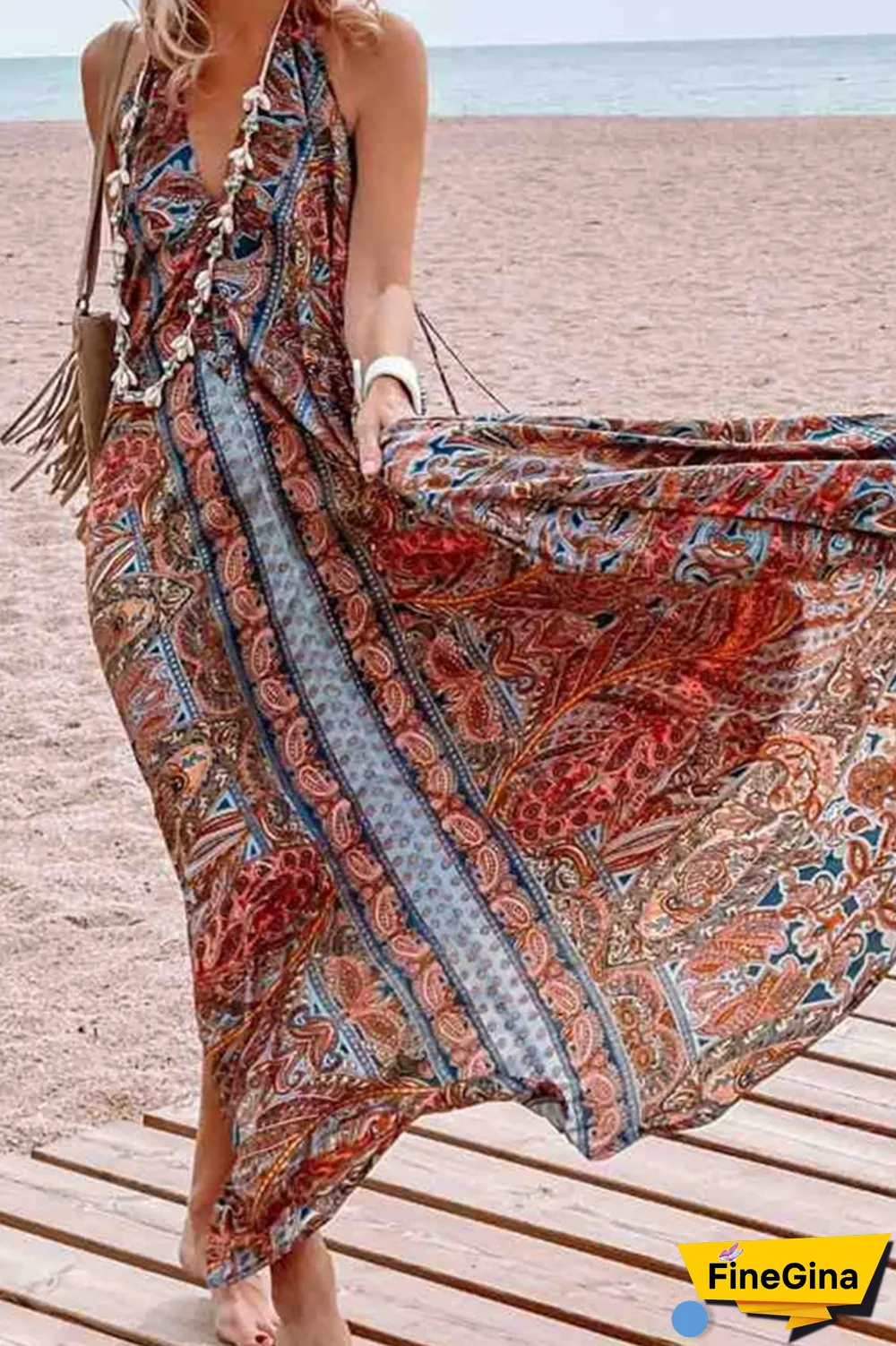 Casual Print Mesh V Neck Straight Dresses