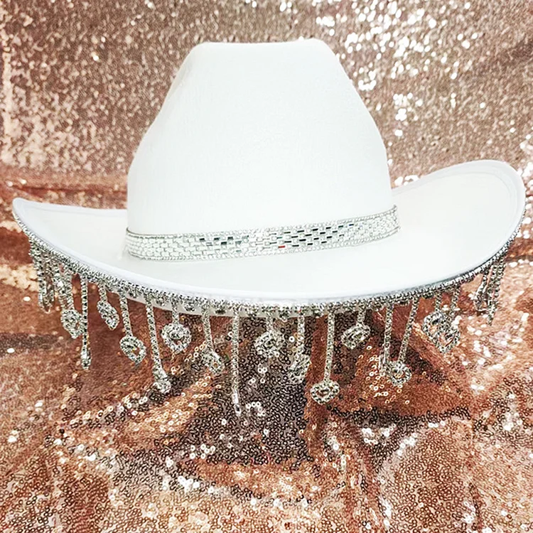 Hollow Heart-Shaped Rhinestone Tassel Cowboy Hat-White