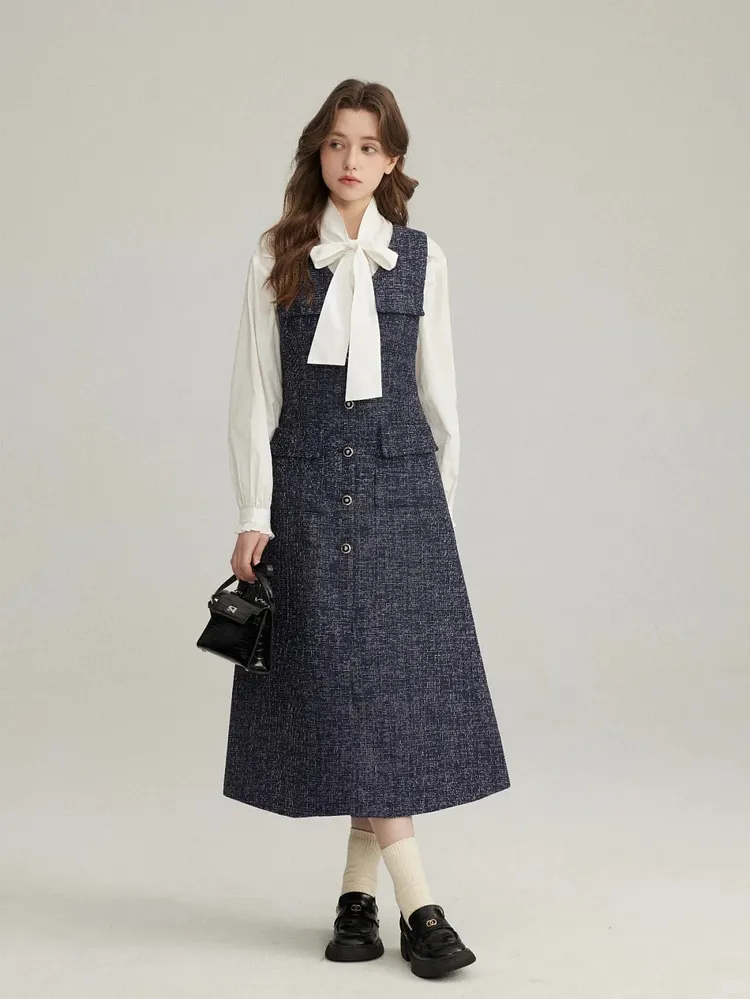 Dark-colored tweed sleeveless midi dress