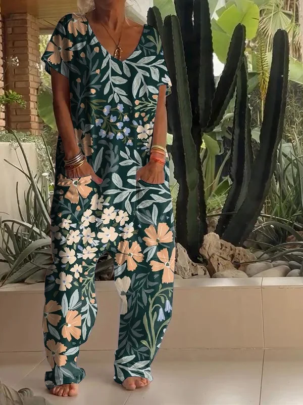 Casual Floral Print V-neck Jumpsuit