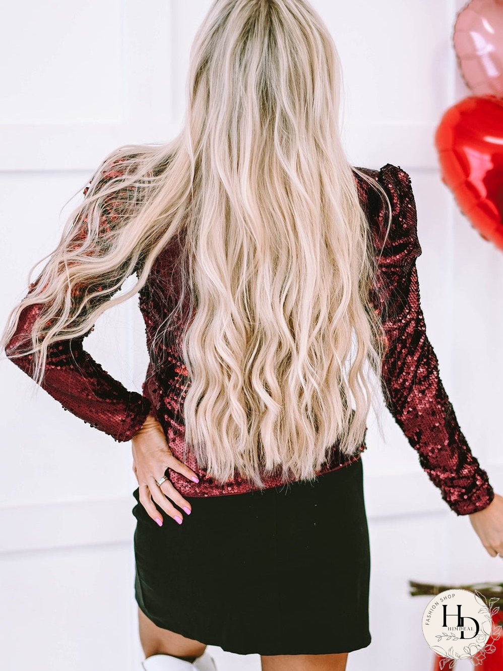 Burgundy Sequin High Neck Ruched Sleeve Top
