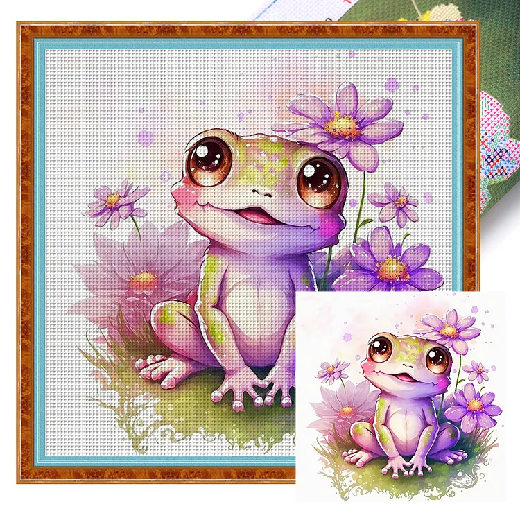 Flowers And Frogs - Printed Cross Stitch 18CT 25*25CM