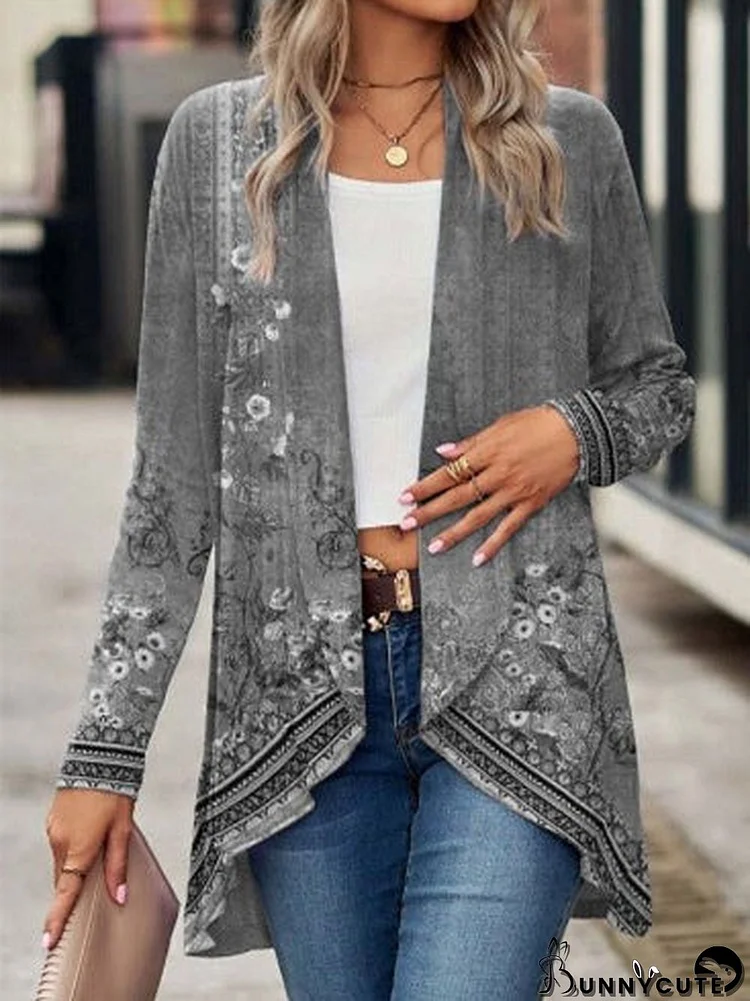 Women's Gradient Printed V-neck Long Sleeve Mid-length Coat